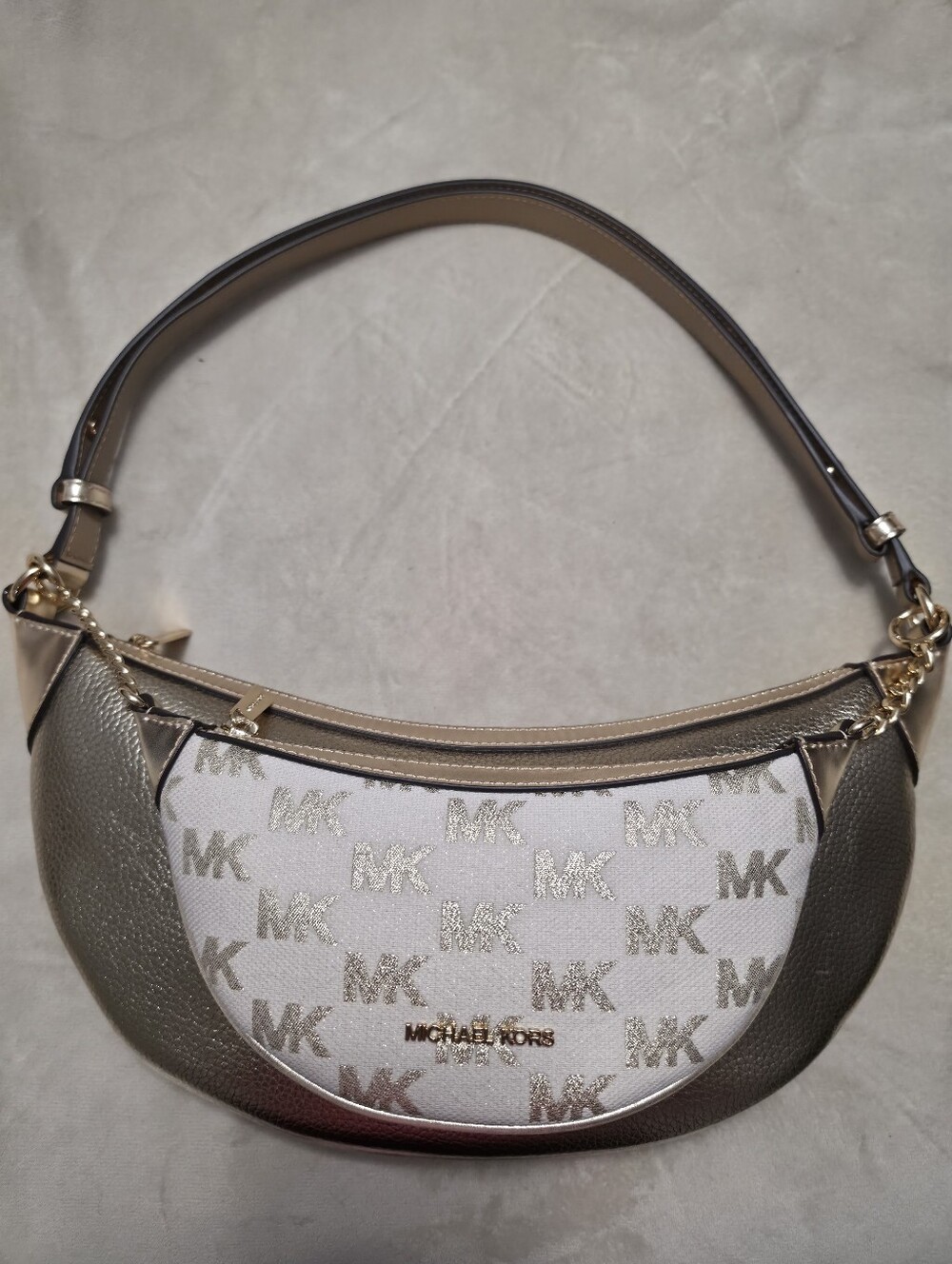 100% Original Michael Kors White and Taupe MK Logo Crescent Shoulder Bag